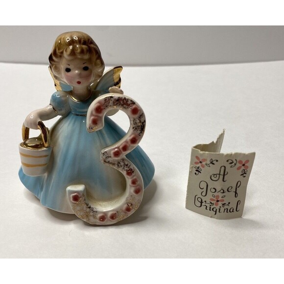 Vtg Josef Originals 3rd Birthday Girl Angel Figurine  With Pail - Picture 1 of 11